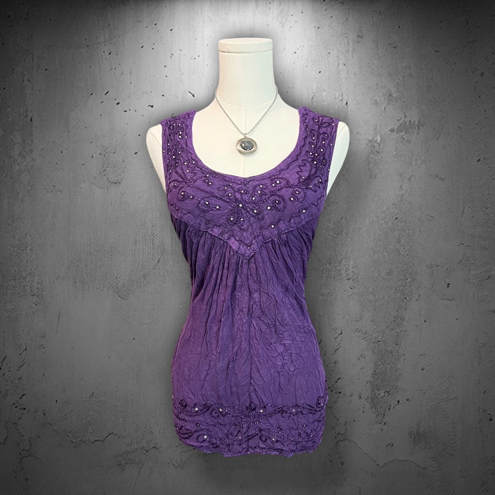 Seven Islands Purple Fairy Boho Embroidered Rhinestone Crinkle Tank Top S/M